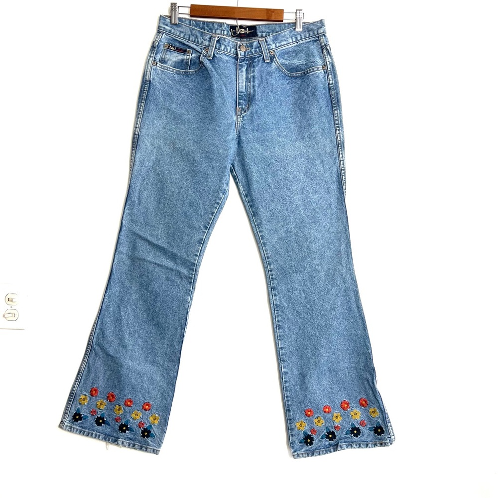 LEI Vintage Flare Size 13 High Rise Jeans Floral Embroidered 70s Hippie USA Made
